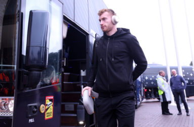 Dejan Kulusevski of Tottenham Hotspur arrives by the team coach