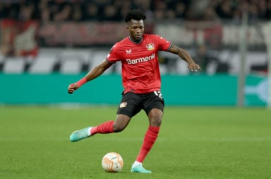 Edmond Tapsoba of Leverkusen about to pass the ball