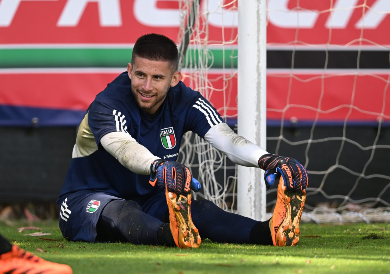 Guglielmo Vicario of Italy looks on during training session at Forte Village Resort