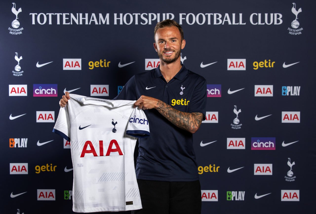James Maddison poses as he signs for Tottenham Hotspur