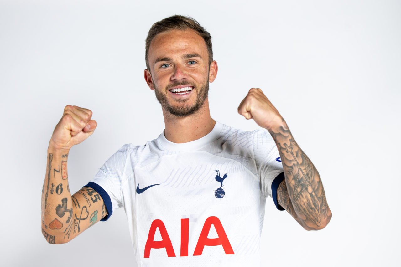 James Maddison celebrates as he signs for Tottenham Hotspur